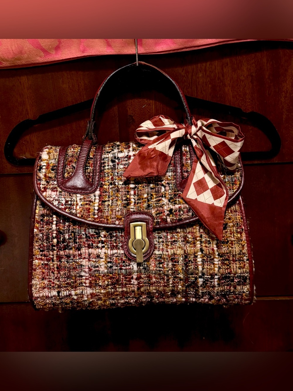 Rare Find! Patricia Nash Stintino 
Multicolor Tweed  Satchel with Burgundy Trim